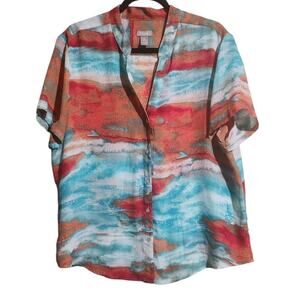 Chico's Women's Blouse Top Size 3 US XL Short Sleeve Lightweight Button Down Art